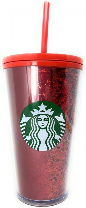 Red Starbucks 16 Oz Holiday Red Glitter And Red Two Tone Fade Insulated Tumbler With Straw | 930-TIFWNS